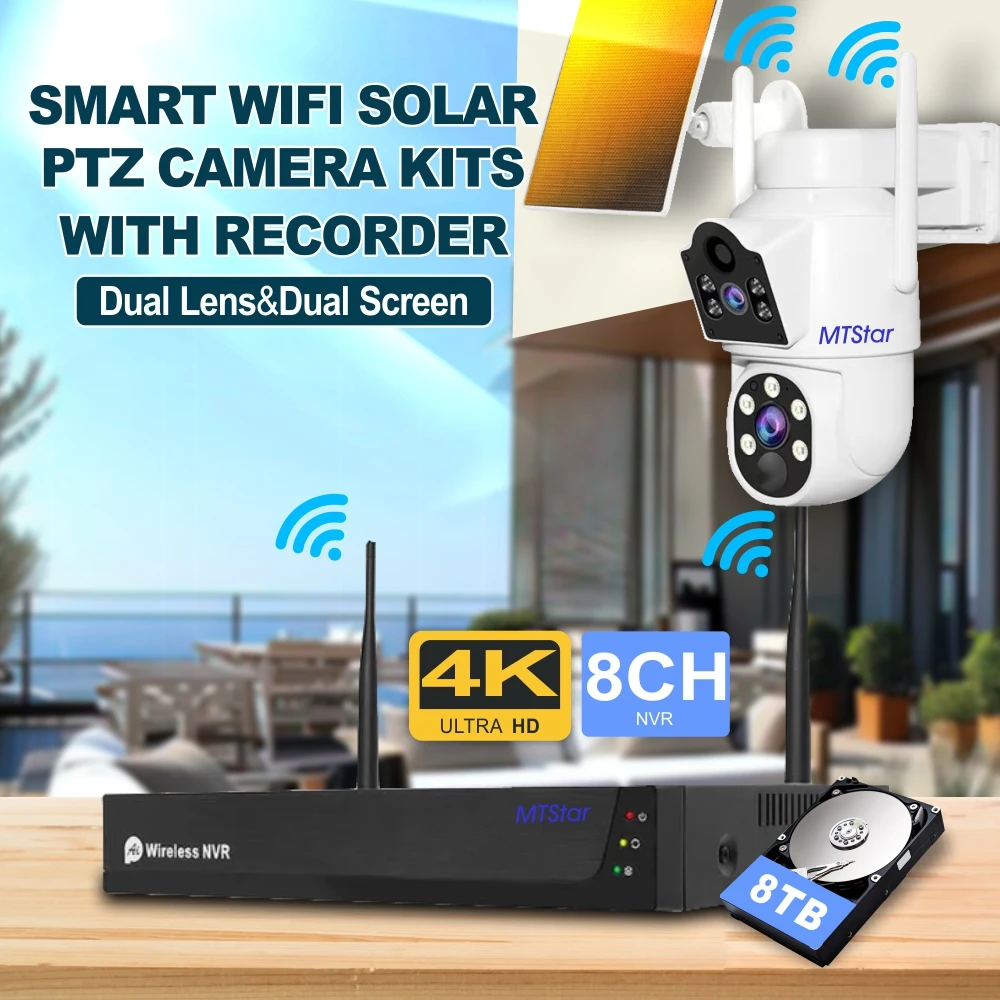 

MTStar 2CH Wireless Solar Panel Battery WIFI Camera & WiFi NVR Video Surveillance Security System Kit With HD Monitor Hard Disk