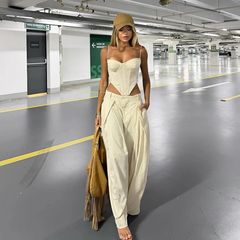 Korsett-Tops und Plissierte Hosen Sets für Damen, Sexy Spaghetti-Träger, Schulterfreies Ärmelloses Top mit Unregelmäßigem Saum und Weiter Hose, Neu – Detail 9