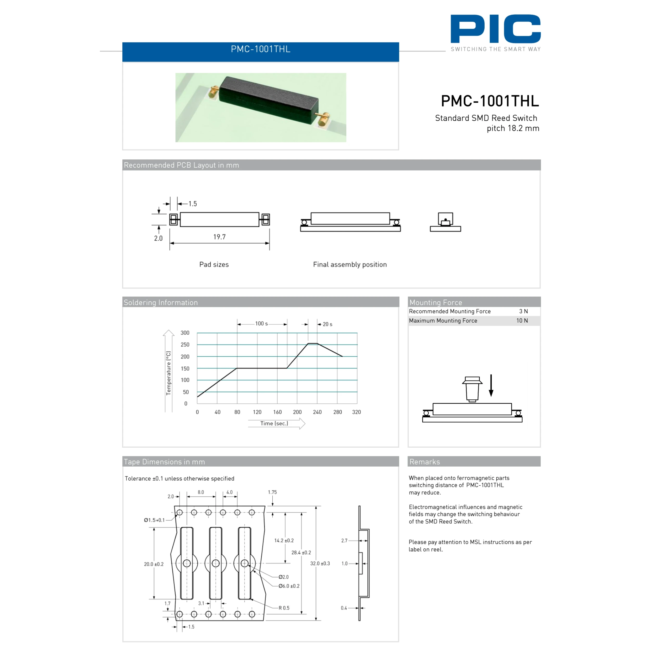 Original pic PMC-1001THL passo 18mm smd plástico reed switch normalmente aberto 1a 10w 180v 3*15.5mm sensor indutivo de controle magnético