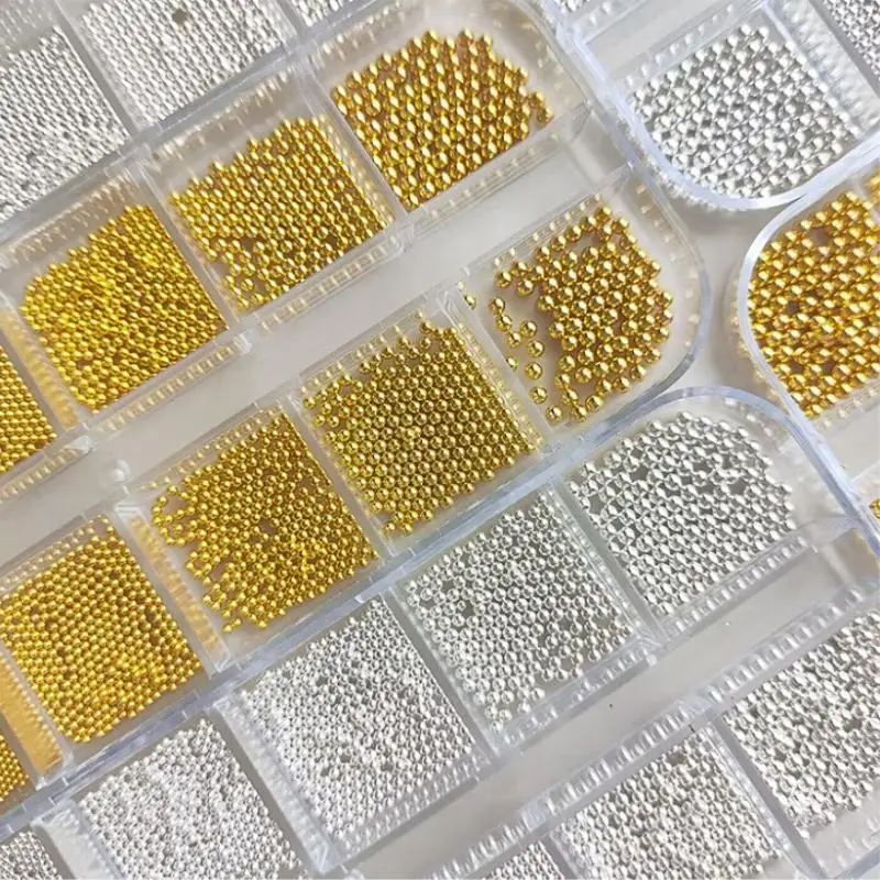 12 Gitter 0,6-2mm Gemischte Größen 3D-Design Nagelkunst Winzige Stahlperlen Gold Silber Schmuck Maniküre-Tipps Charm Mikrokugeln DIY-Dekoration – Detail 6