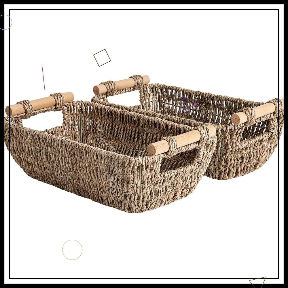 

Плетеные корзины для хранения из морской травы с деревянными ручками, набор из 2 штук, для полок и подарков