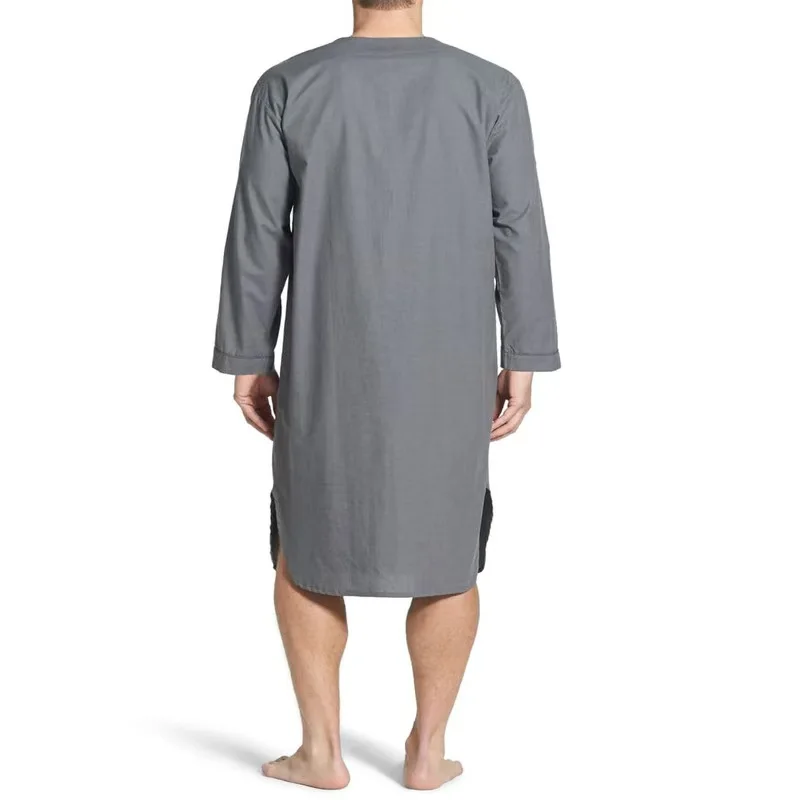 Muslim men's robe, spring and autumn style, loose stand-up collar, door tube, long sleeve, mid-length robe, solid color pajamas