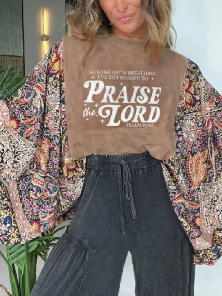 2026 New Style Printed Women's Casual Knitted Fabric Round-Neck Batwing Sleeve Top, Featuring the 'Praise the Lord' Pattern, Suitable for Daily and Holiday Casual Wear.