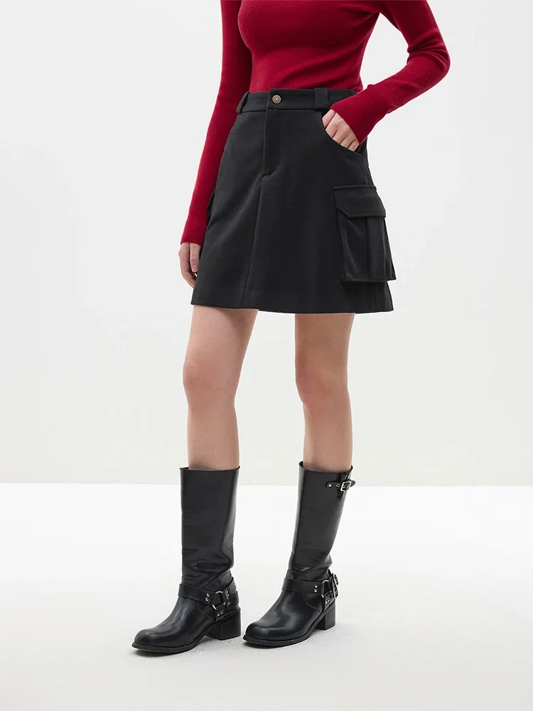 

FSLE High Waist Retro Red Short Tool Style Winter Will Mini Skirts Female 2023 Winter Black Commuter All-Match Above-Knee Skirt