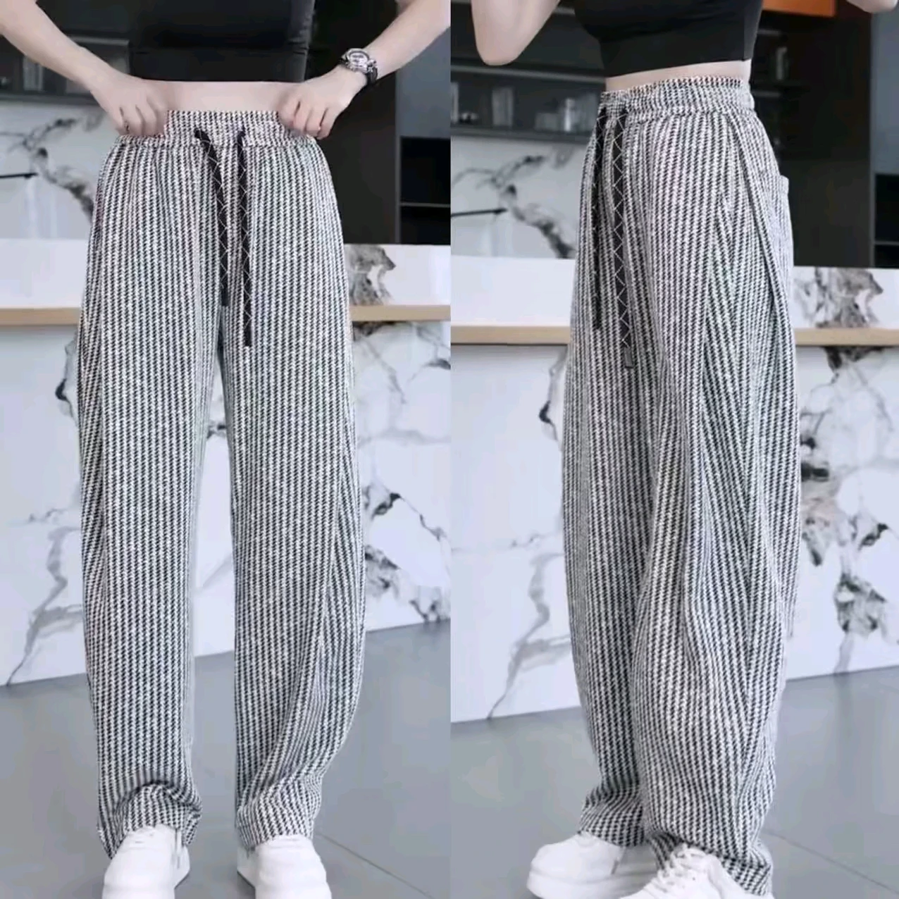 

Весенне-летние мужские повседневные брюки свободного кроя с утягивающим полосатым узором, тонкие широкие брюки-палаццо, модная универсальная уличная одежда
