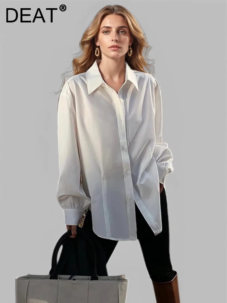 

DEAT Fashion Women's Shirt Long Sleeves Folds Single Breasted Side Split Patchwork Loose Blouse Autumn 2024 New Tide 7AB4586