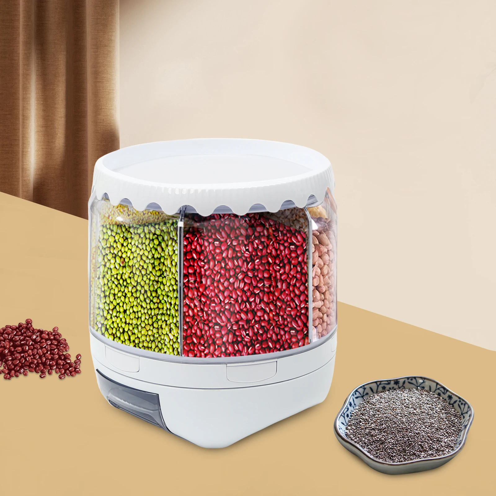 Rice Dispenser Kitchen Storage and Measuring Cup Grain Dispenser Kitchen Rice Storage Container, Rotating Food Dispenser