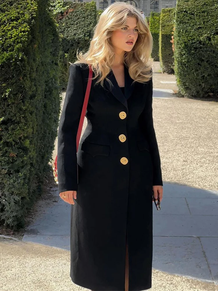 Long Metal Buckle Suit Coat Elegant Lapel Full Sleeve Pocket Commute Overcoat 2024 Autumn Slim Retro Women Outerwears