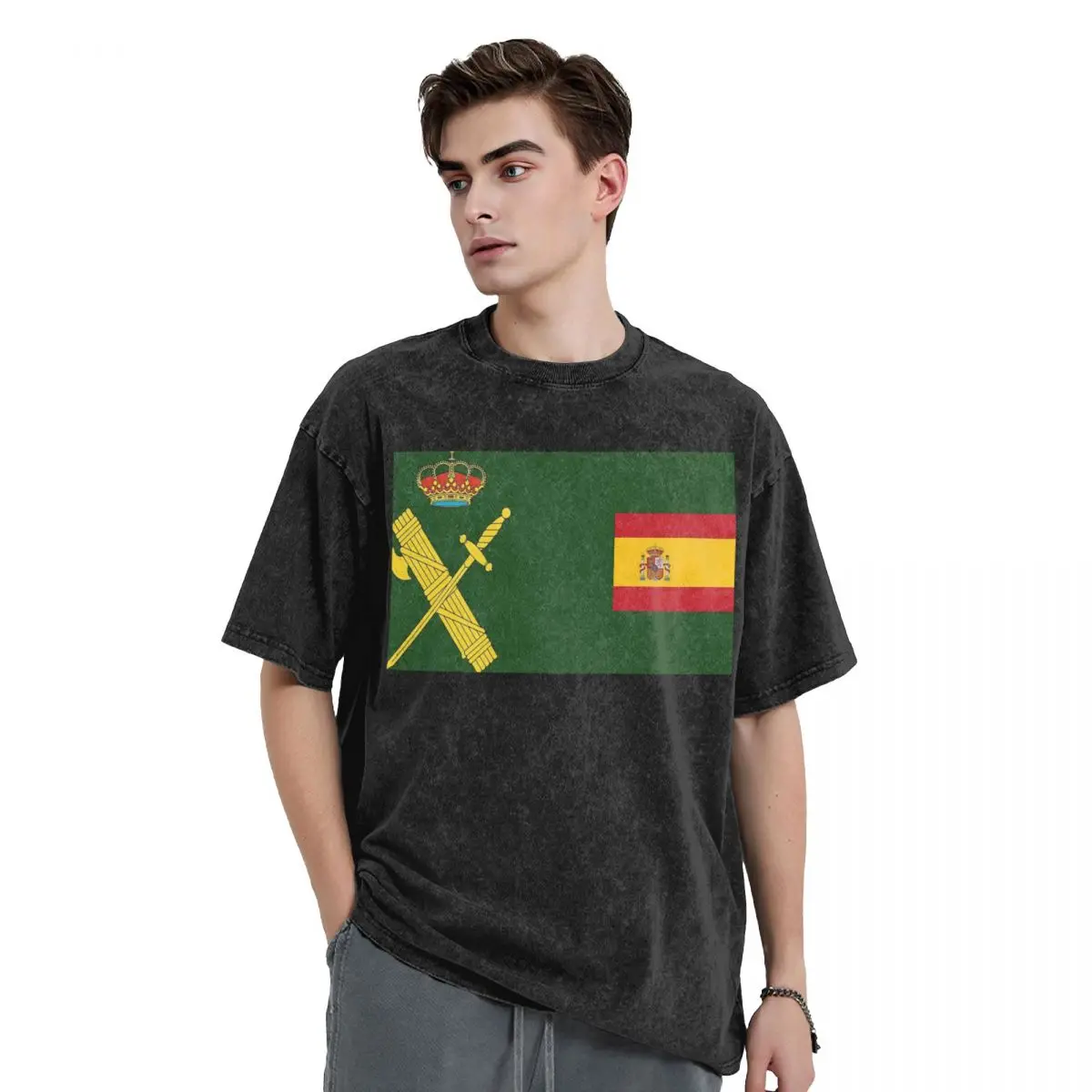 Spain Flag Plus Emblem Civil Guard Washed T Shirts Harajuku Short Sleeve Hip Hop T-Shirt Streetwear Tops Tees for Men Women