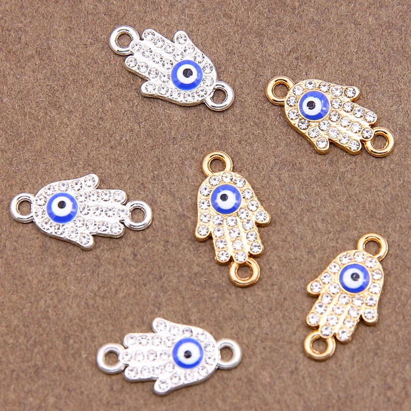 10pcs/lot 21*11mm Hand Of Fatima Blue Eye Charms Palm Pendant Connector For DIY Jewelry Making Accessories