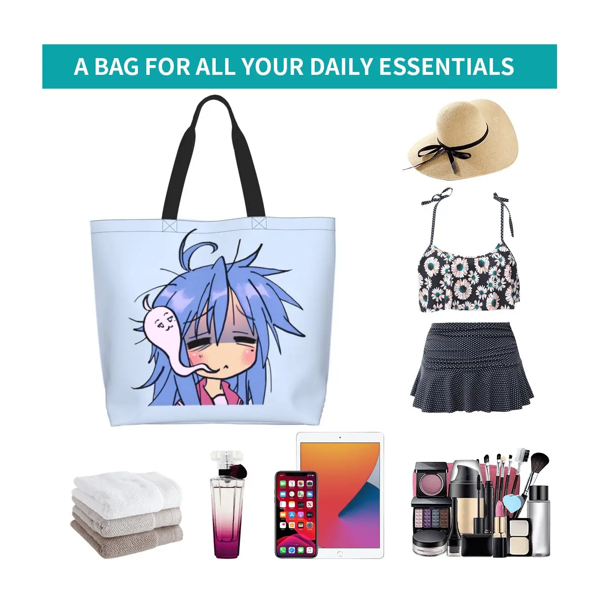 Dead Tired Izumi Konata Lucky Star Shopping Tote Bag Canvas Large Capacity Shoulder Bags Shopper Grocery Handbag for Women