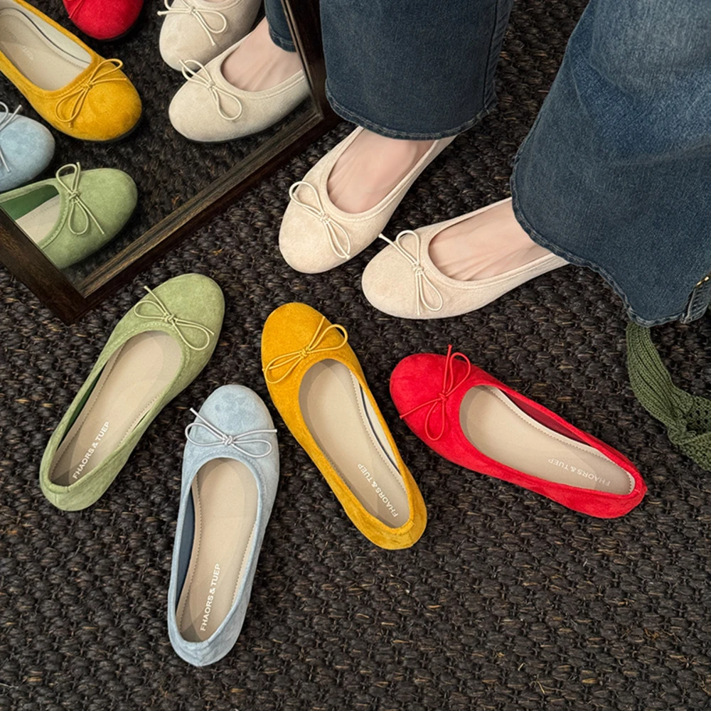 

Women's Multi-Color Suede Ballet Flats, Bow Tie Round Toe Slip-Ons, Comfortable Casual Ballerina Shoes