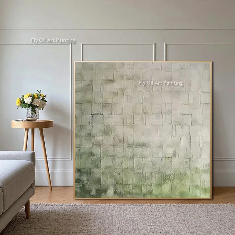 Thick Texture Geometric Green Block Abstract Canvas Oil Painting Hand Drawn Neutral Black Grey Artwork For Home Wall Decor