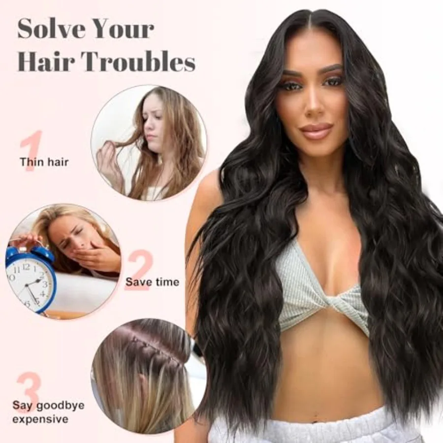 وصلات شعر صناعية طويلة مموجة من كليبين 24 بوصة أسود طبيعي 4 قطع شعر سميكة للنساء مع شعر من ألياف اللحمة المزدوجة