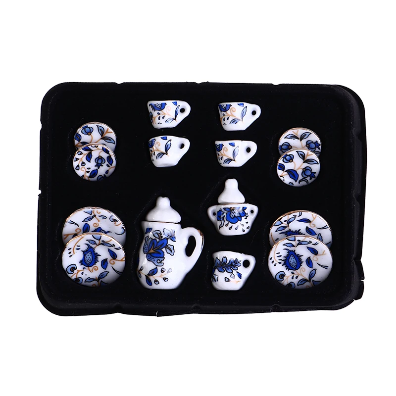 Vajilla en miniatura para casa de muñecas, juego de tazas de té de cerámica y porcelana, 15 piezas, 1:12