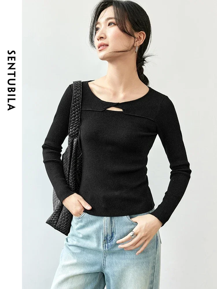 SENTUBILA Women Long Sleeve Knit Top Black Knitted Sweater Tshirts Knot Cut Out Pullover 2025 Spring Slim Fit Knitwear W43H56121