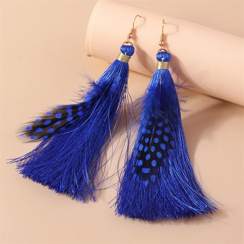 Aihua Boho lange Feder Ohrringe für Frauen schicke Huggies Zigeuner Fransen Ohrringe handgemachte Aussage Schmuck Geschenke – Detail 13