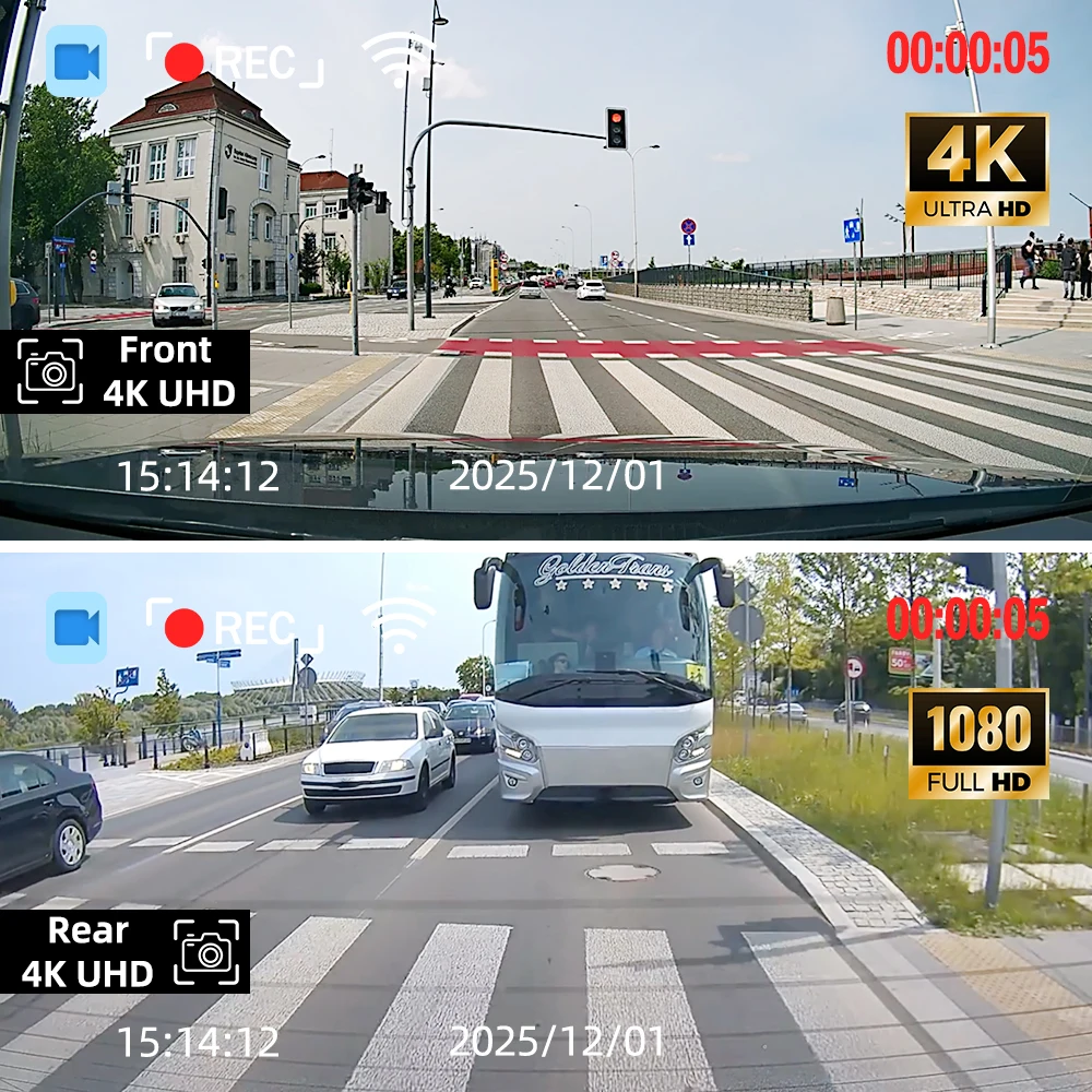 4K 듀얼 대시캠 전방 2160P & 후방 1080P |   WiFi 슈퍼 나이트 비전 주차 모니터 무료 앱 범용 마운트 - 선물