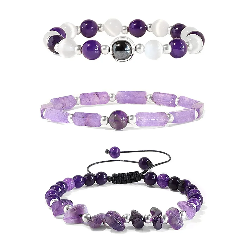 3pcs/Set Body-Purifying Amethyst Bracelet for Weight Loss  Yoga and Meditation - Healing Stone Jewelry for Women and Men