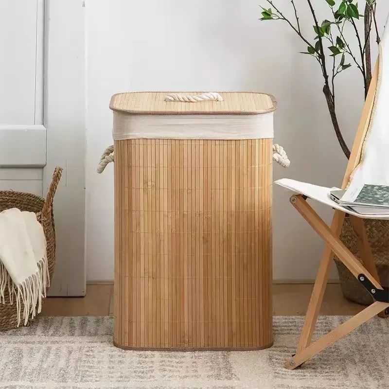 

Portable Large Capacity Household Foldable Rattan Laundry Basket in Natural Material Bamboo, Eco-Friendly Storage with Cover