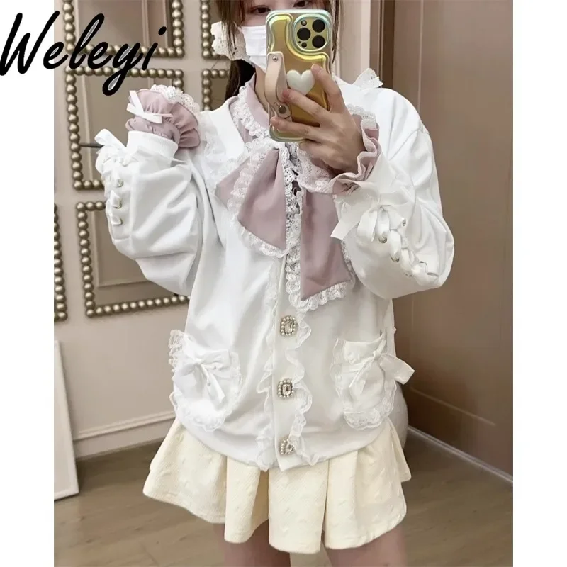 

Jirai Kei Style Autumn Sweet Lace Bow Jackets for Women New Japanese Kawaii Cut V-neck Lace Edge Bow Coat Women's Clothing 2024