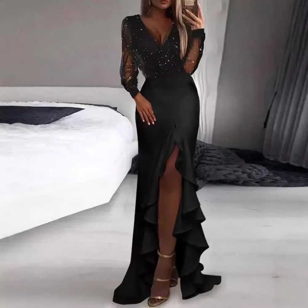 Mesh Sequin Long Dress Elegant Sequin Bodycon Maxi Dress with Mesh Detailing Glitter Sheer Long Sleeve Cocktail Party for Women