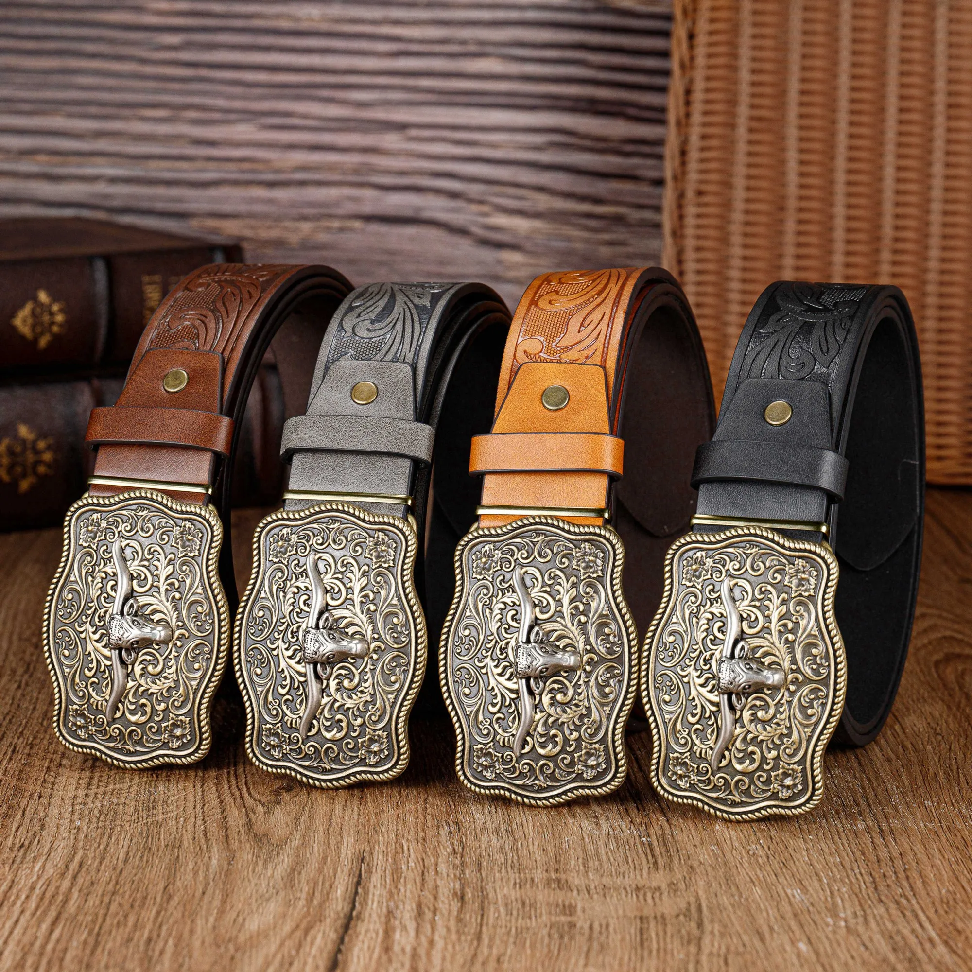 A Fashionable and Trendy Belt with a Bull Head Threaded Lace Large Plate Buckle PU Retro Embossed Belt