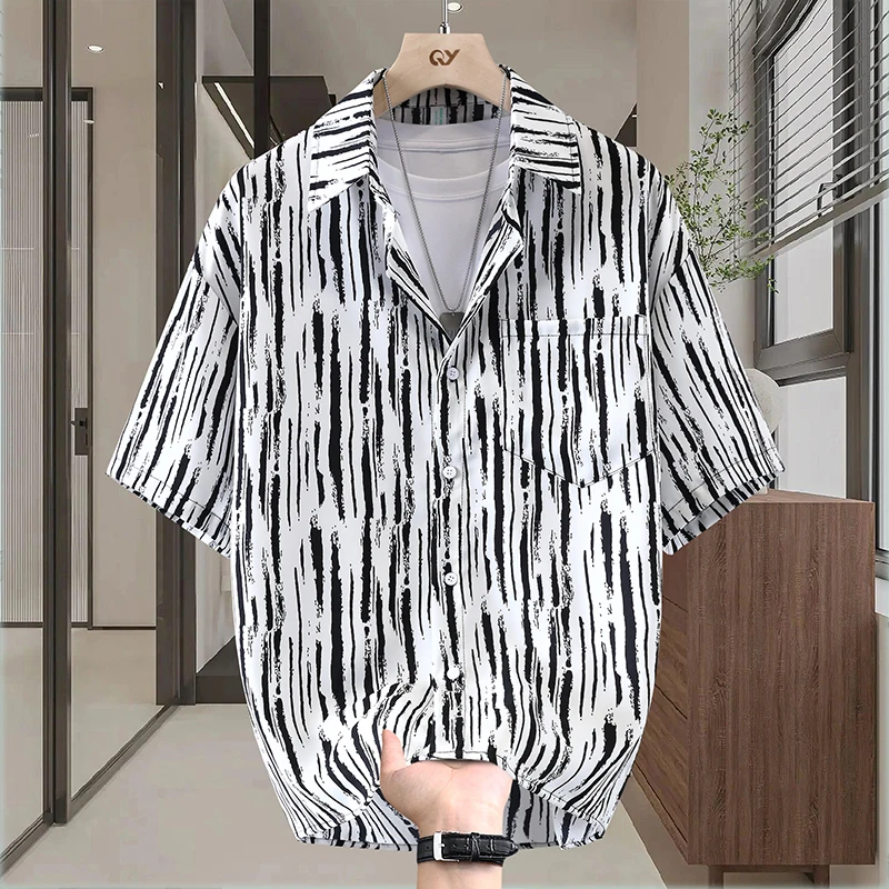 

Мужская летняя модная полосатая свободная рубашка с коротким рукавом, повседневная, с галстуком, дышащая, из полиэфирного волокна, в городском стиле