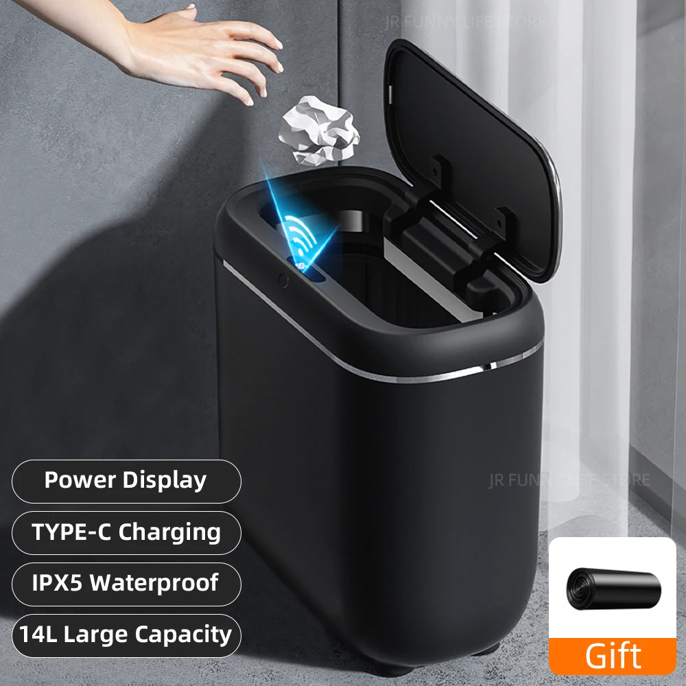 14L Smart Narrow Trash Can IPX5 Waterproof Automatic Sensor Bathroom Trash Can Type-C Charging Wastebasket Smart Home