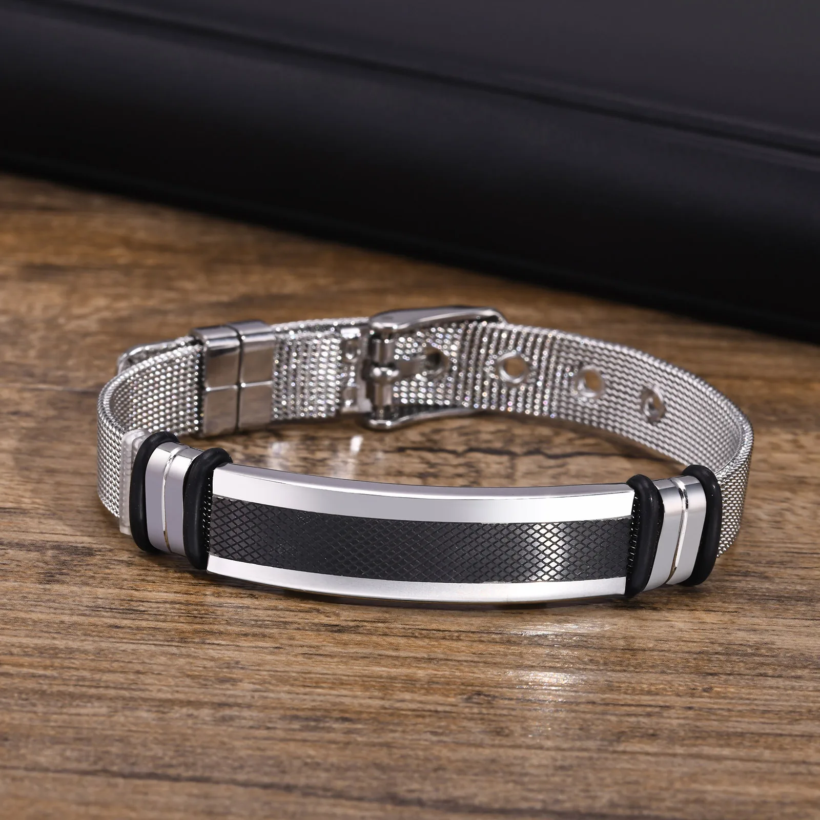 Mens Mesh Bands Bracelets, Waterproof Stainless Steel ID Bar Wristband Gifts to Husband Dad Father Son, Length Adjustable
