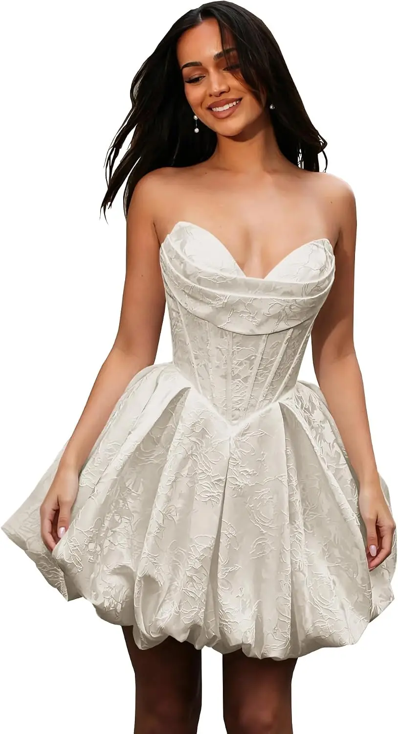 Short Women's Jacquard Prom Dress Strapless Off Shoulder Sweetheart 3D Embossed Floral Pattern Mini Evening Dress Party Dresses