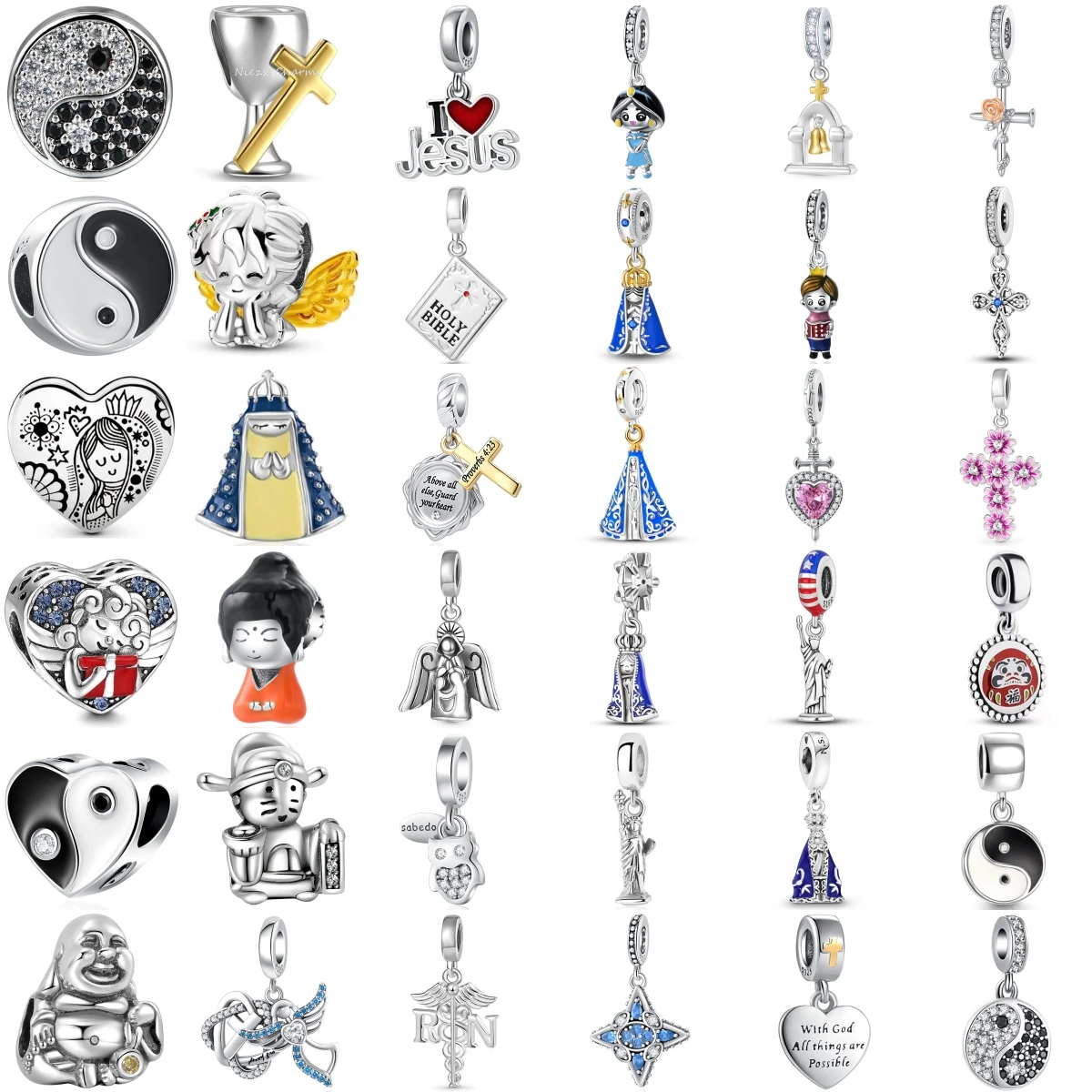 Religious Faith Dangle Charm Yin‑Yang Buddha Angel Cross Bible Pendant Bead Silver Fit Bracelet DIY Jewelry Making Gift