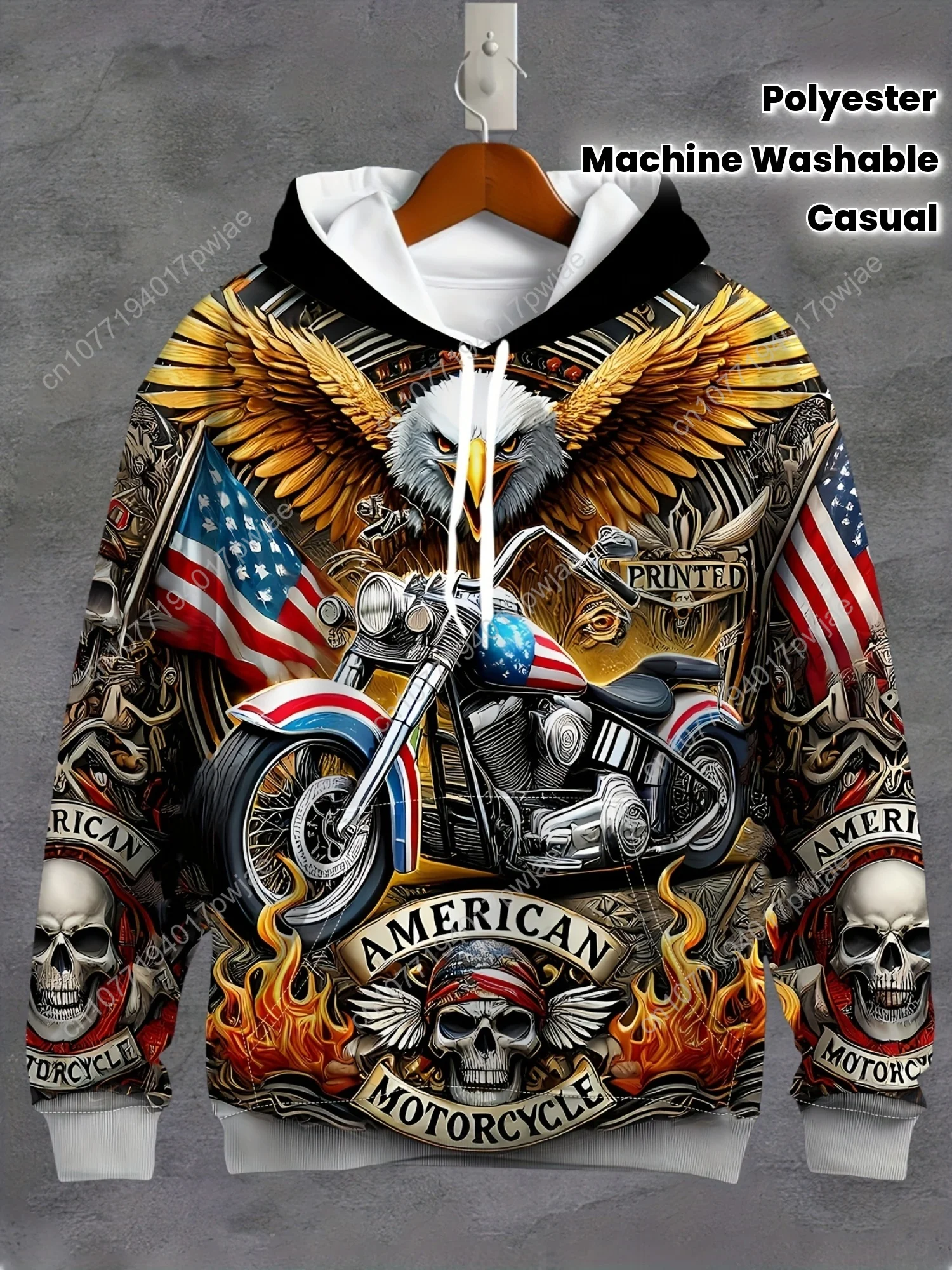 Herren-Kapuzenpullover mit patriotischem Adler und Motorrad-Grafik – langärmlig, lässiger Pullover mit Kordelzugtasche, amerikanisches Flaggen-Design, P