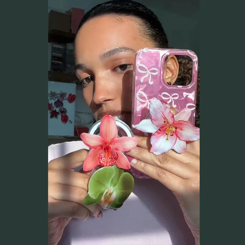 Aesthetic Orchid Phone Grip Tok Acrylic Folding Ring Stand for iPhone Samsung Cute Flower Phone Holder Healing Style Socket