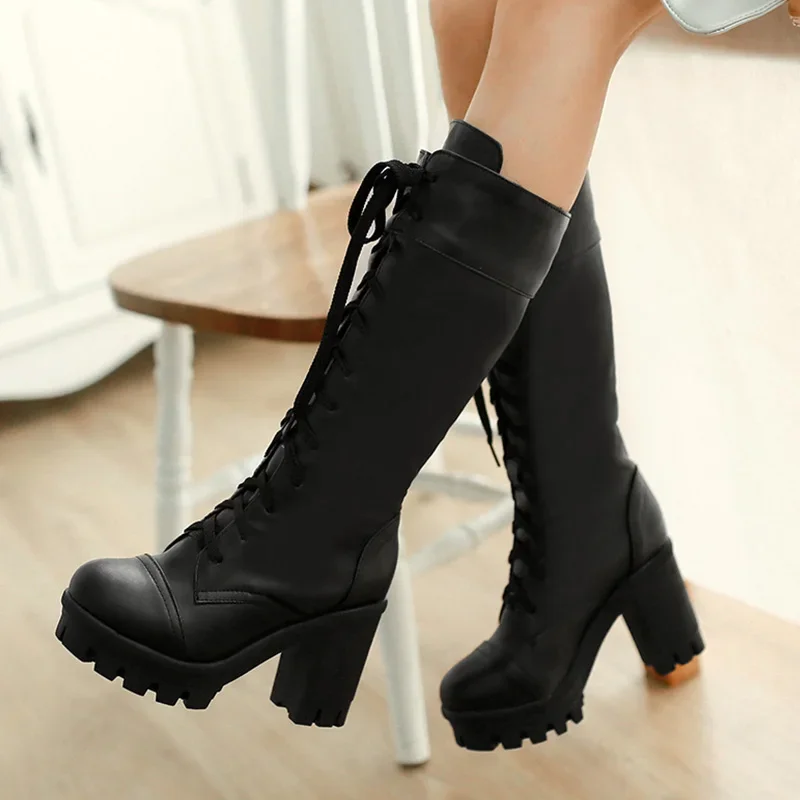Fashion Lolita Shoes High Heel Student Shoes Cosplay Block Mid Calf Long Boots Women Shoes
