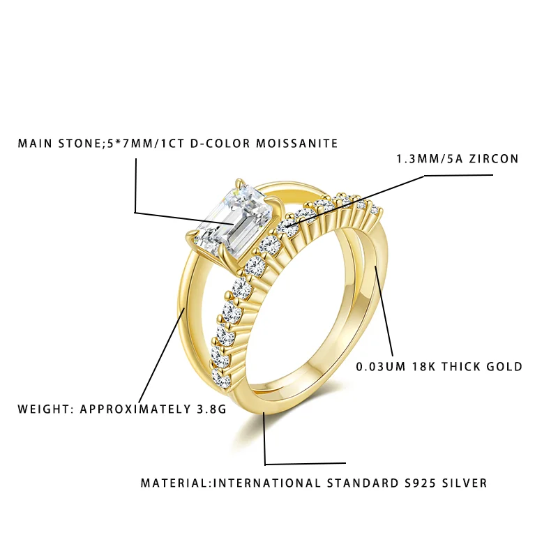 

Женское кольцо с муассанитом изумрудной огранки 1 карат D-цвета 5*7 мм, серебро S925, позолота 18 карат, 5А, циркон, акцент, роскошная помолвка J