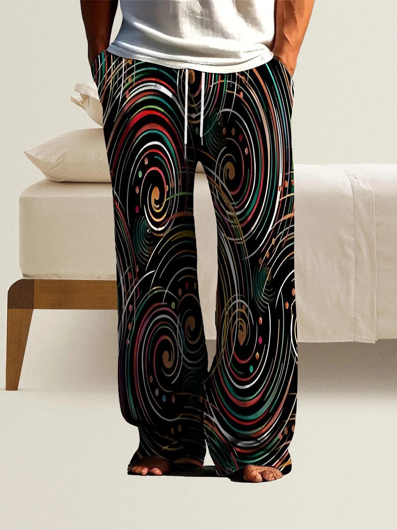 

2026 Men's Printed Straight Leg Pants Drawstring Waist Loose Fit Casual Summer Beach Wear Fashion Trendy Trousers