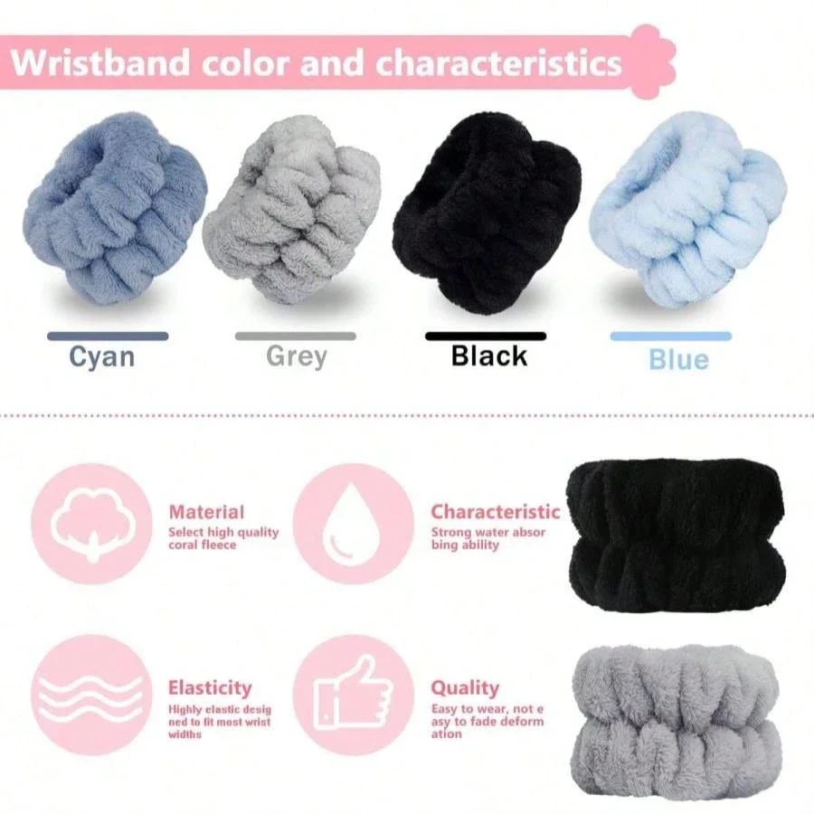 

8 шт. впитывающие махровые повязки на запястья из кораллового флиса для умывания лица, спа-процедур, эластичные, унисекс