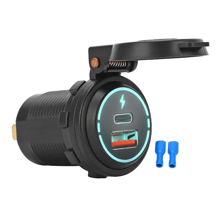 TYPE-C+USB Socket Car Power Charger DC12-24V 48W Output PD+QC3.0 Dual Socket Fast Charging Car Charger with Waterproof Cover