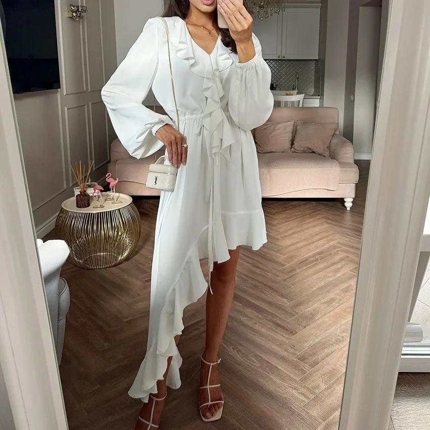 Sukienki Damskie Sukienka Nowy Rok 2025 Satyna Perła Ozdobne Falbany Plisowane Midi Bankiet Wieczorowy Ekskluzywna Wykwintna Modna Dopasowana