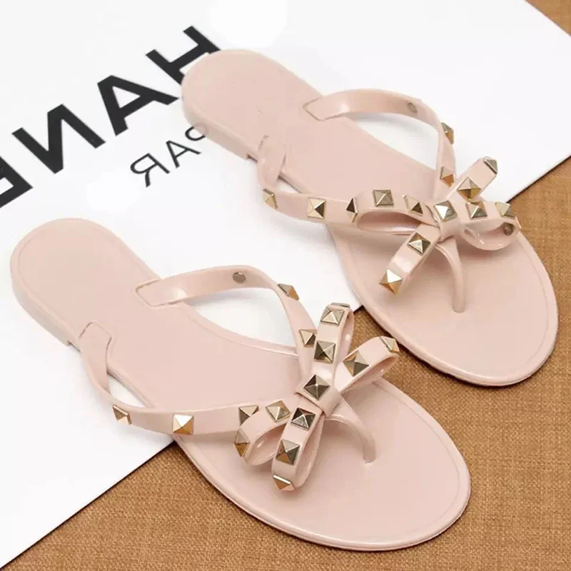 Women\'s Flip Flops Summer Shoes Cool Beach Rivet Big Bow Flat Sandals Jelly Shoes Sandals Girls Transparent Crystal Sandals