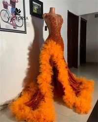 Fascinating Orange Sequin Mermaid Prom Dresses Crystal Beading Ruched Split Birthday Dress Black Girls 2025 Evening Customized