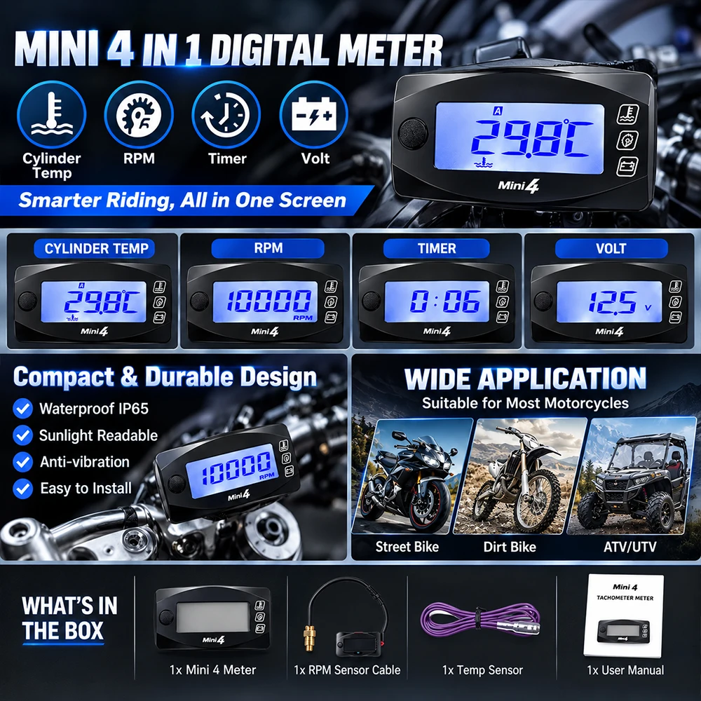Motorrad 4-in-1 Digitalanzeige Zylindertemperaturmesser Drehzahlmesser Voltmeter Zeitanzeige Mini-LED-Monitor – Detail 4