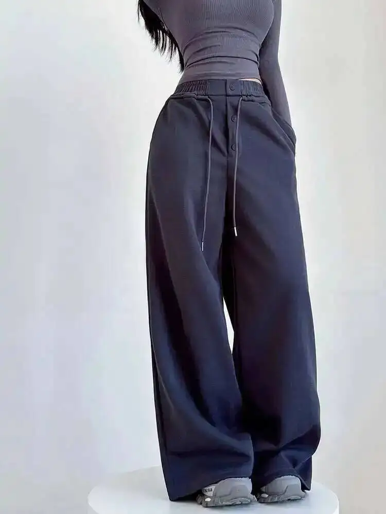 الأمريكية الساخنة فتاة زر مرونة الخصر الرباط بنطال ذو قصة أرجل واسعة المرأة 2025 الخريف فضفاض موضة غير رسمية النساء السراويل 8IOS