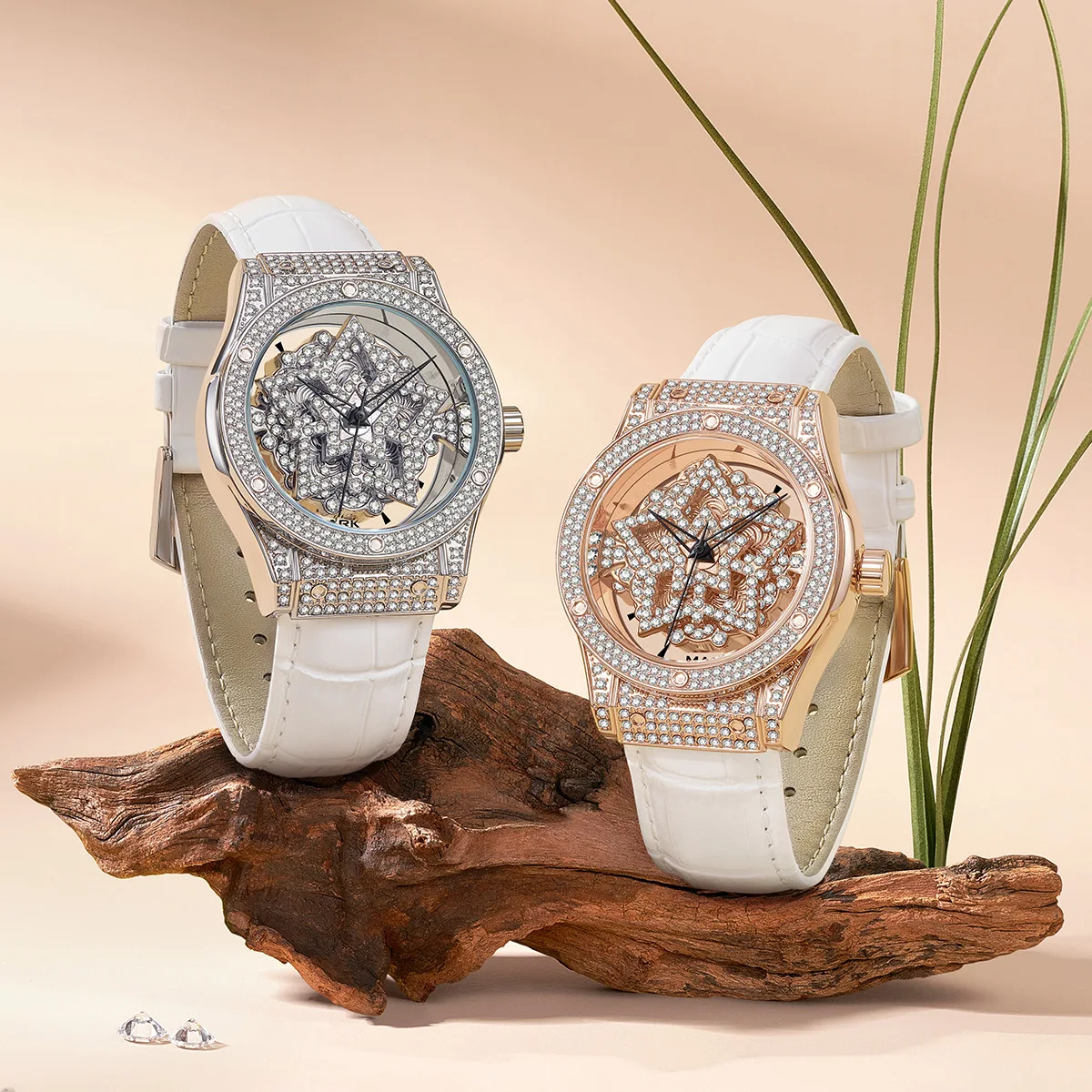 Mark Fairwhale Rotation Hollow Diamond Ladies Watch - Waterproof Leather Strap Luxury Wristwatch Elegant Fashion for Women