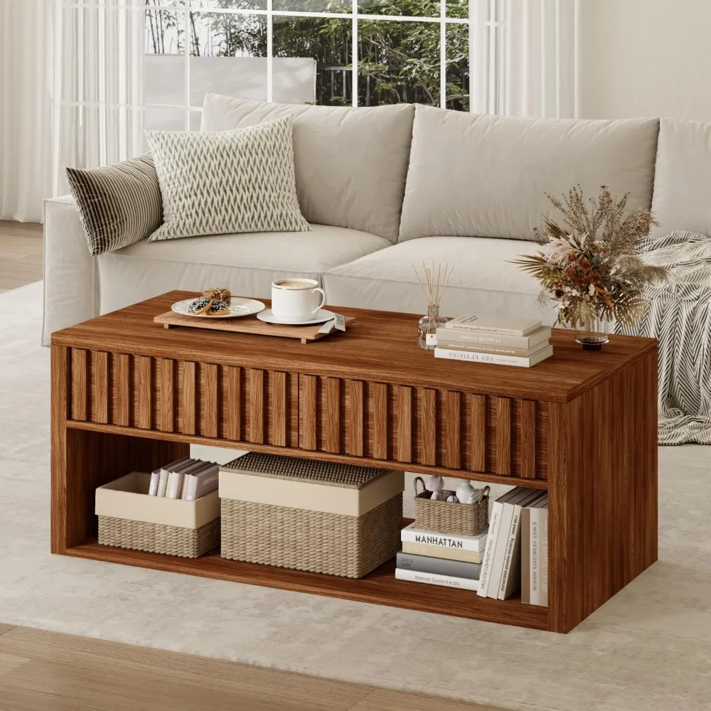 

Деревянный журнальный столик с местом для хранения, коричневый журнальный столик 47,2 дюйма с 2 рифлеными ящиками и открытым пространством для хранения, центральный стол середины века