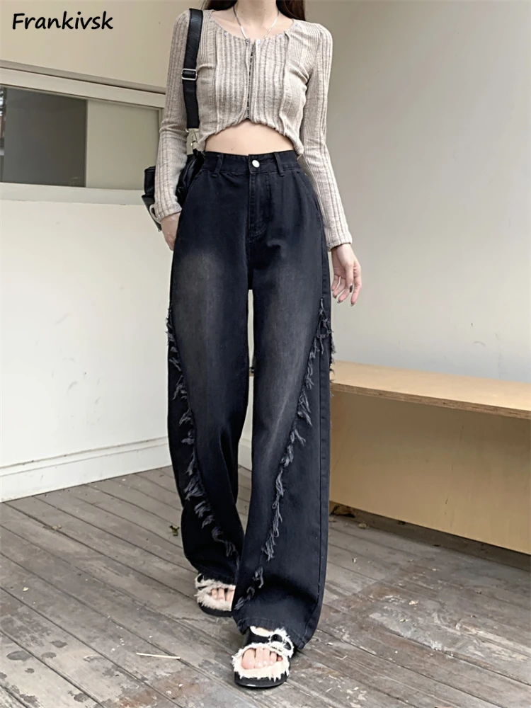 

S-4XL Jeans for Women Raw Edge High Street Fashion Korean Style Simple Denim Trousers Autumn All-match Hotsweet Baggy Mopping