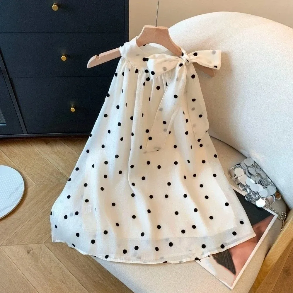 

Creative Bow Polka Dot Shirt Gentle Retro Hanging Neck Sleeveless Top Y2k French Style Women's Puff Shirt Spring and Summer