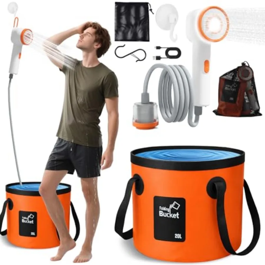 

Portable Shower for Camping, Rechargeable Shower Head with LED Light, Filtered Camping Shower Pump, Large Capacity Foldable Buc