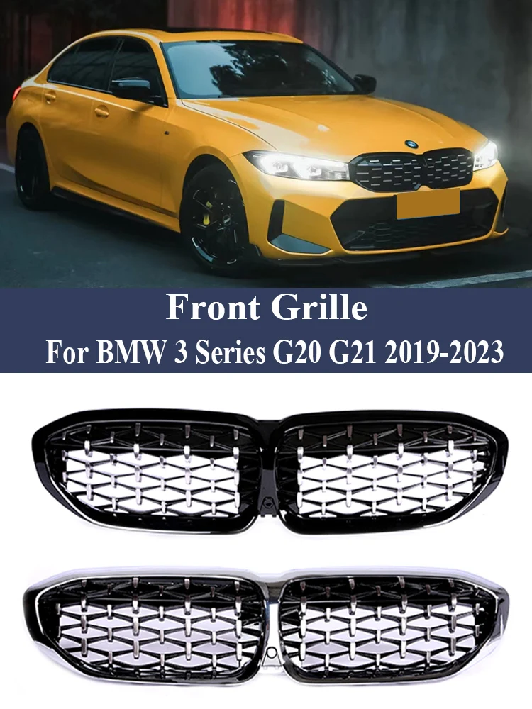 For BMW 3 Series G20 G21 Front Low Bumper Kidney Grill Diamond Chrome Carbon Fiber Grille Cover Exterior Parts 2019-2023